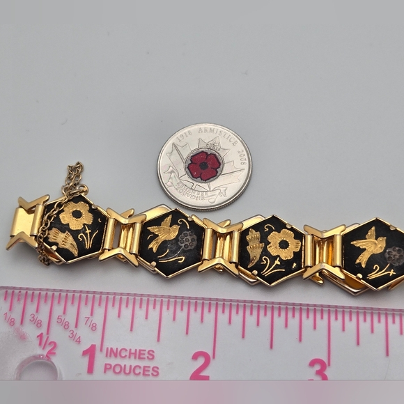 Vintage Gold Tone Damascene Bracelet Floral Bird Panels Safety Chain - Picture 15 of 17